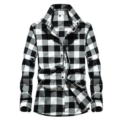Men's Plaid Flannel Shirt with Kent Collar and Full Button Placket