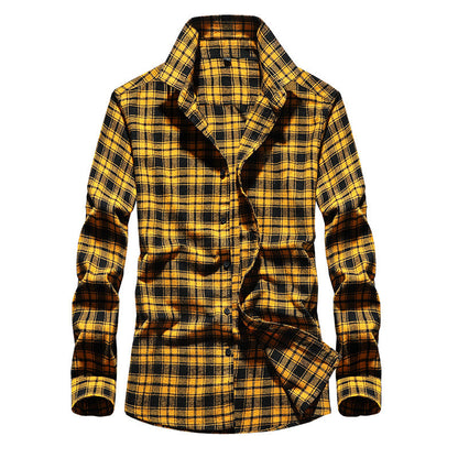 Men's Plaid Flannel Shirt with Kent Collar and Full Button Placket