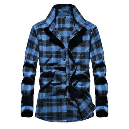Men's Plaid Flannel Shirt with Kent Collar and Full Button Placket