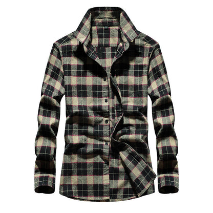 Men's Plaid Flannel Shirt with Kent Collar and Full Button Placket