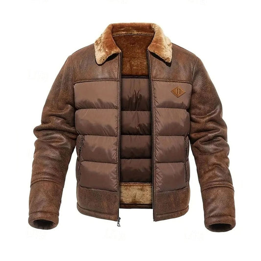 Men's Quilted Faux Leather Insulated Winter Coat with Sherpa Collar