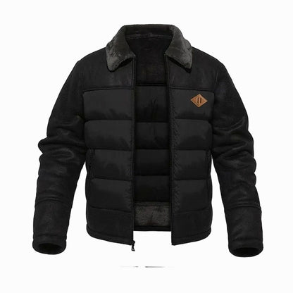 Men's Quilted Faux Leather Insulated Winter Coat with Sherpa Collar