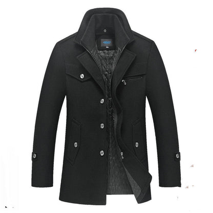Men's Quilted Long Wool Coat with Stand Collar and Zip Front