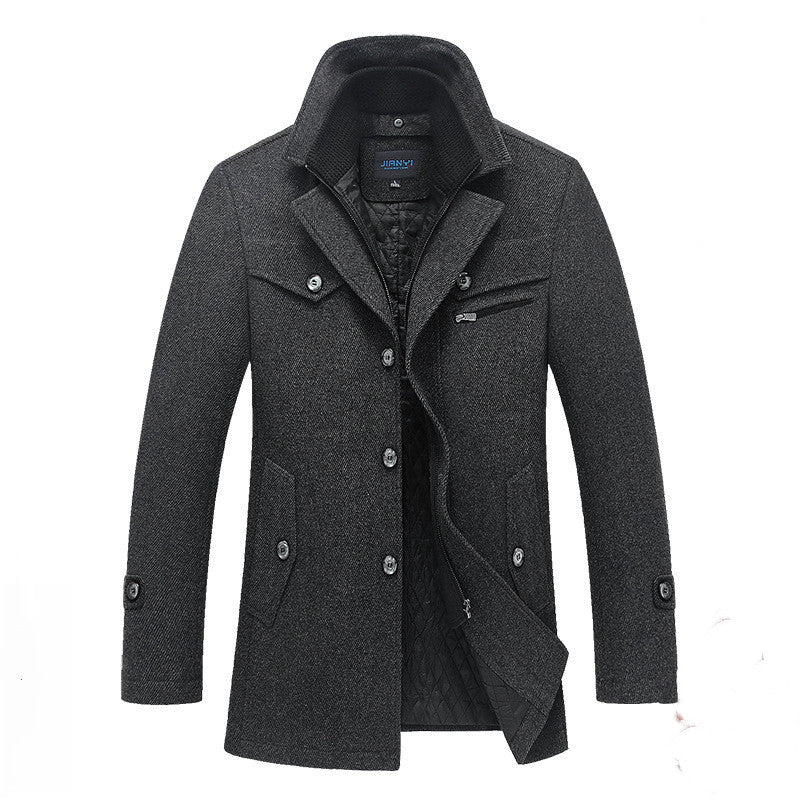 Men's Quilted Long Wool Coat with Stand Collar and Zip Front