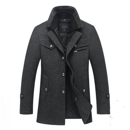Men's Quilted Long Wool Coat with Stand Collar and Zip Front