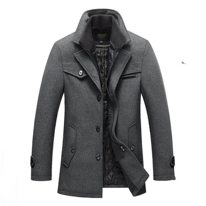 Men's Quilted Long Wool Coat with Stand Collar and Zip Front