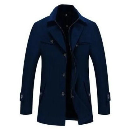 Men's Quilted Long Wool Coat with Stand Collar and Zip Front