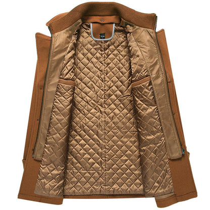 Men's Quilted Long Wool Coat with Stand Collar and Zip Front