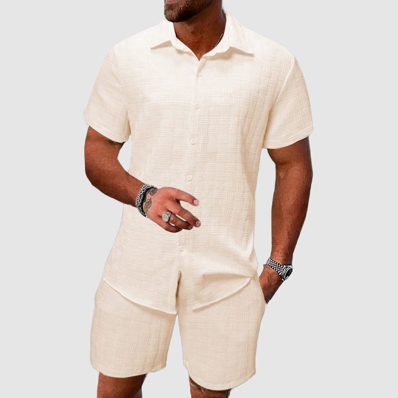Men's Short-Sleeve Collared Button-Down Shirt and Shorts Set