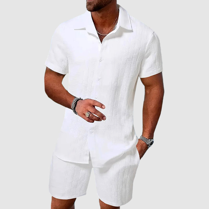 Men's Short-Sleeve Collared Button-Down Shirt and Shorts Set