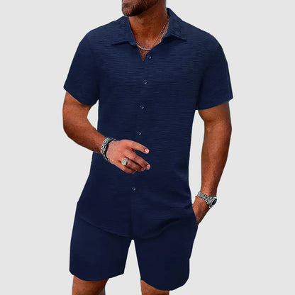 Men's Short-Sleeve Collared Button-Down Shirt and Shorts Set