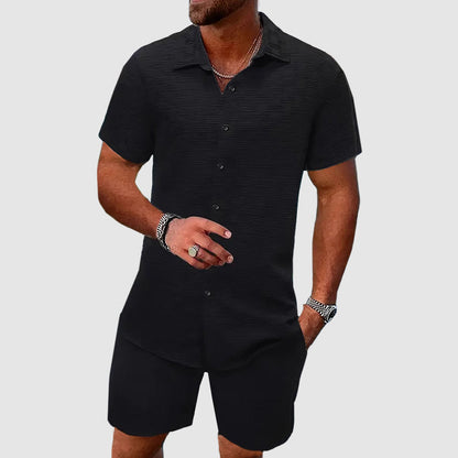Men's Short-Sleeve Collared Button-Down Shirt and Shorts Set