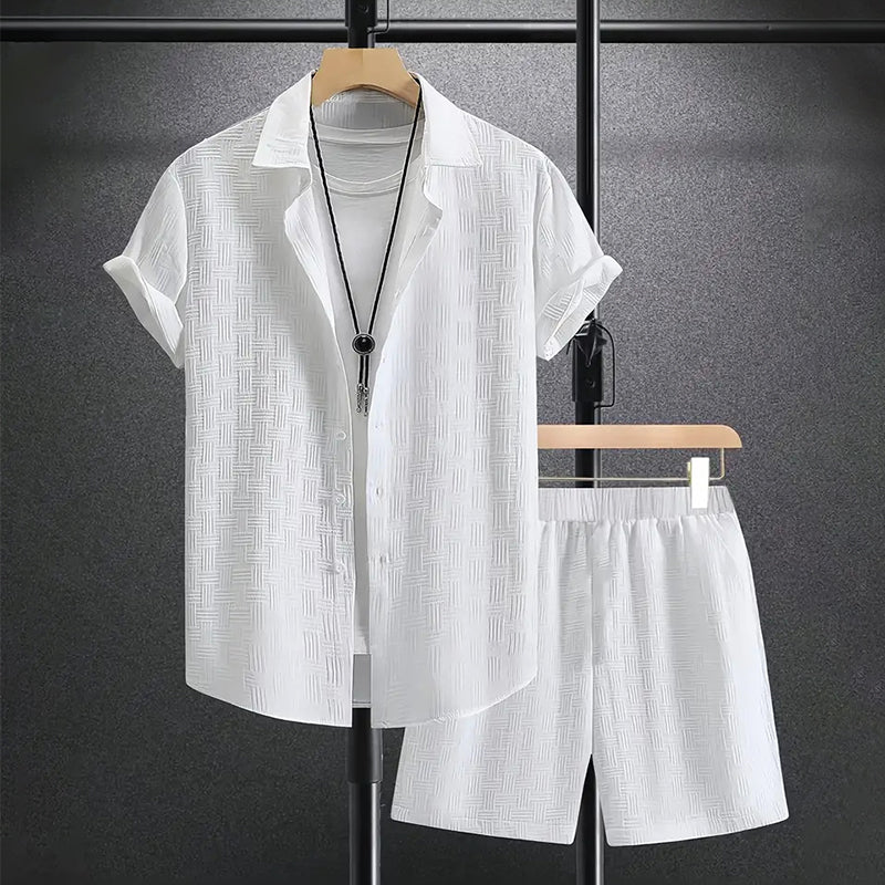 Men's Short-Sleeve Collared Button-Down Shirt and Shorts Set