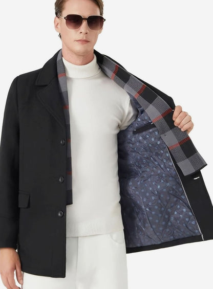 Men's Single-Breasted Tailored Wool Overcoat with Scarf Lapel
