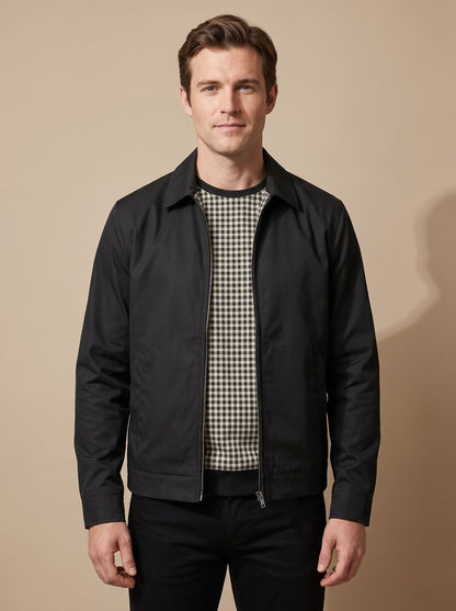 Men's Smart-Casual Gingham-Lined Full-Zip Harrington Jacket