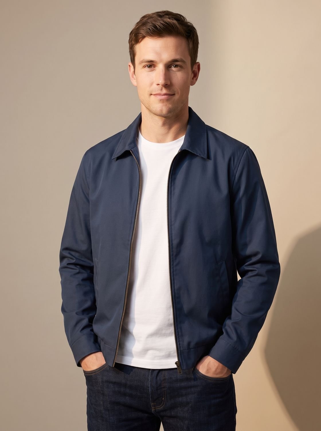 Men's Smart-Casual Gingham-Lined Full-Zip Harrington Jacket