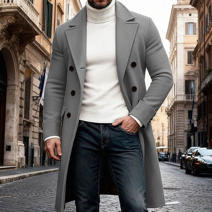Men's Tailored-Fit Double-Breasted Long Wool Overcoat