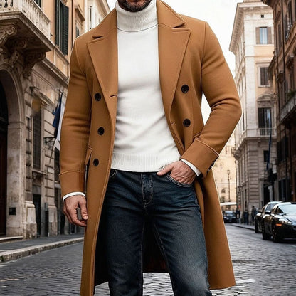 Men's Tailored-Fit Double-Breasted Long Wool Overcoat