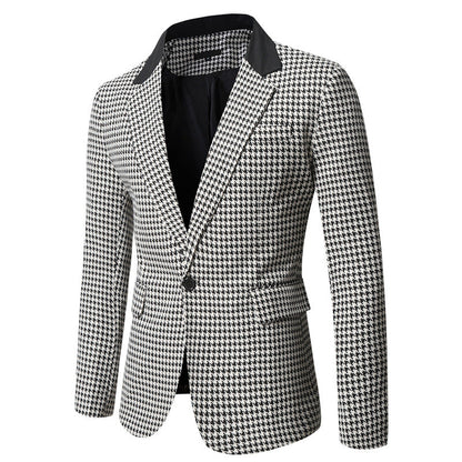 Men's Tailored Houndstooth Blazer with Lapel Collar and Flap Pockets