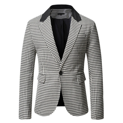 Men's Tailored Houndstooth Blazer with Lapel Collar and Flap Pockets