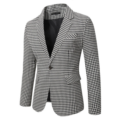 Men's Tailored Houndstooth Blazer with Lapel Collar and Flap Pockets