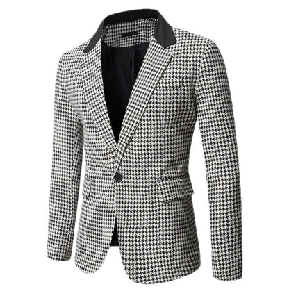 Men's Tailored Houndstooth Blazer with Lapel Collar and Flap Pockets