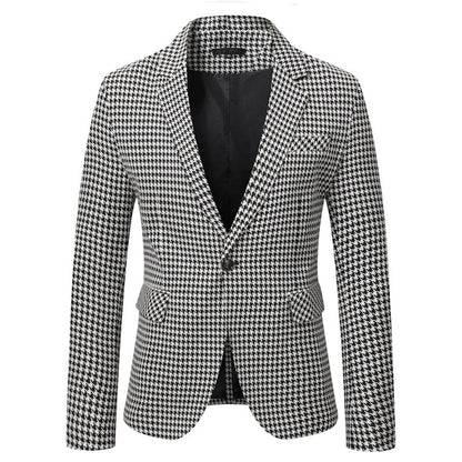 Men's Tailored Houndstooth Blazer with Lapel Collar and Flap Pockets