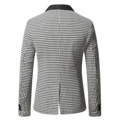 Men's Tailored Houndstooth Blazer with Lapel Collar and Flap Pockets