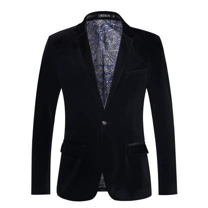 Men's Tailored Velvet Tuxedo Jacket with Satin Lapels and Single-Button Closure