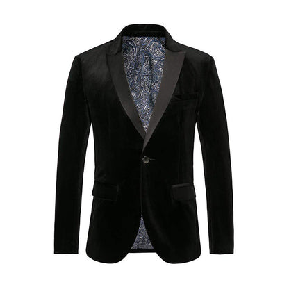 Men's Tailored Velvet Tuxedo Jacket with Satin Lapels and Single-Button Closure