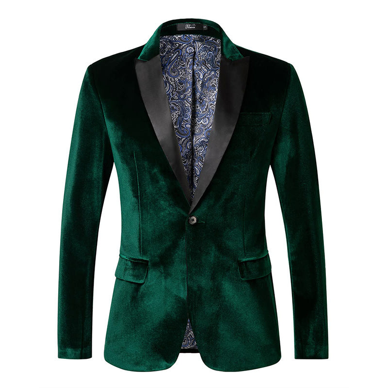 Men's Tailored Velvet Tuxedo Jacket with Satin Lapels and Single-Button Closure