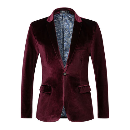 Men's Tailored Velvet Tuxedo Jacket with Satin Lapels and Single-Button Closure