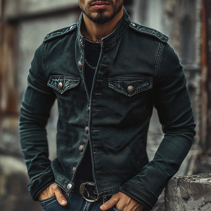 Men's Vintage Stand Collar Distressed Denim Jacket