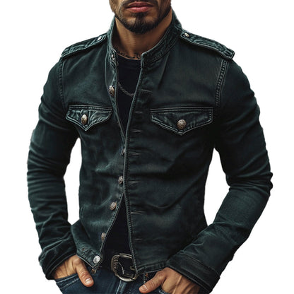 Men's Vintage Stand Collar Distressed Denim Jacket