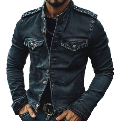 Men's Vintage Stand Collar Distressed Denim Jacket