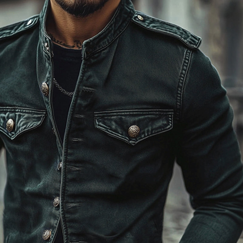 Men's Vintage Stand Collar Distressed Denim Jacket