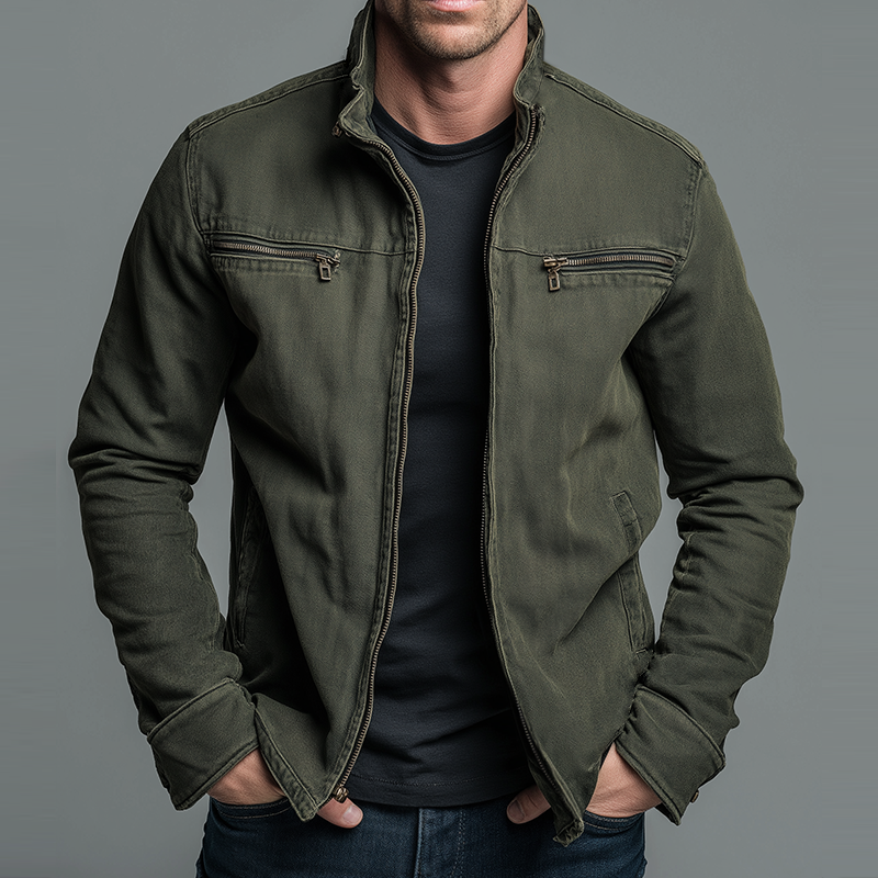 Men's Vintage Zip Jacket with Stand Collar