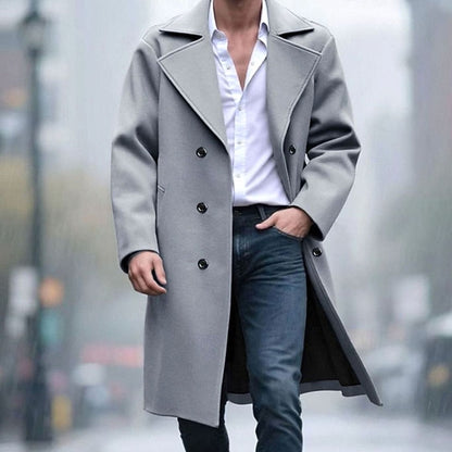 Men's Wool Double-Breasted Tailored Long Overcoat