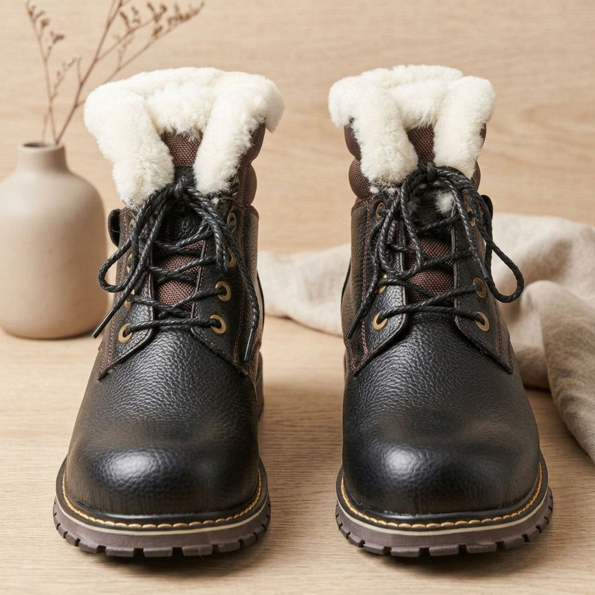 Men's Wool-Lined Genuine Leather Lace-Up Winter Boots