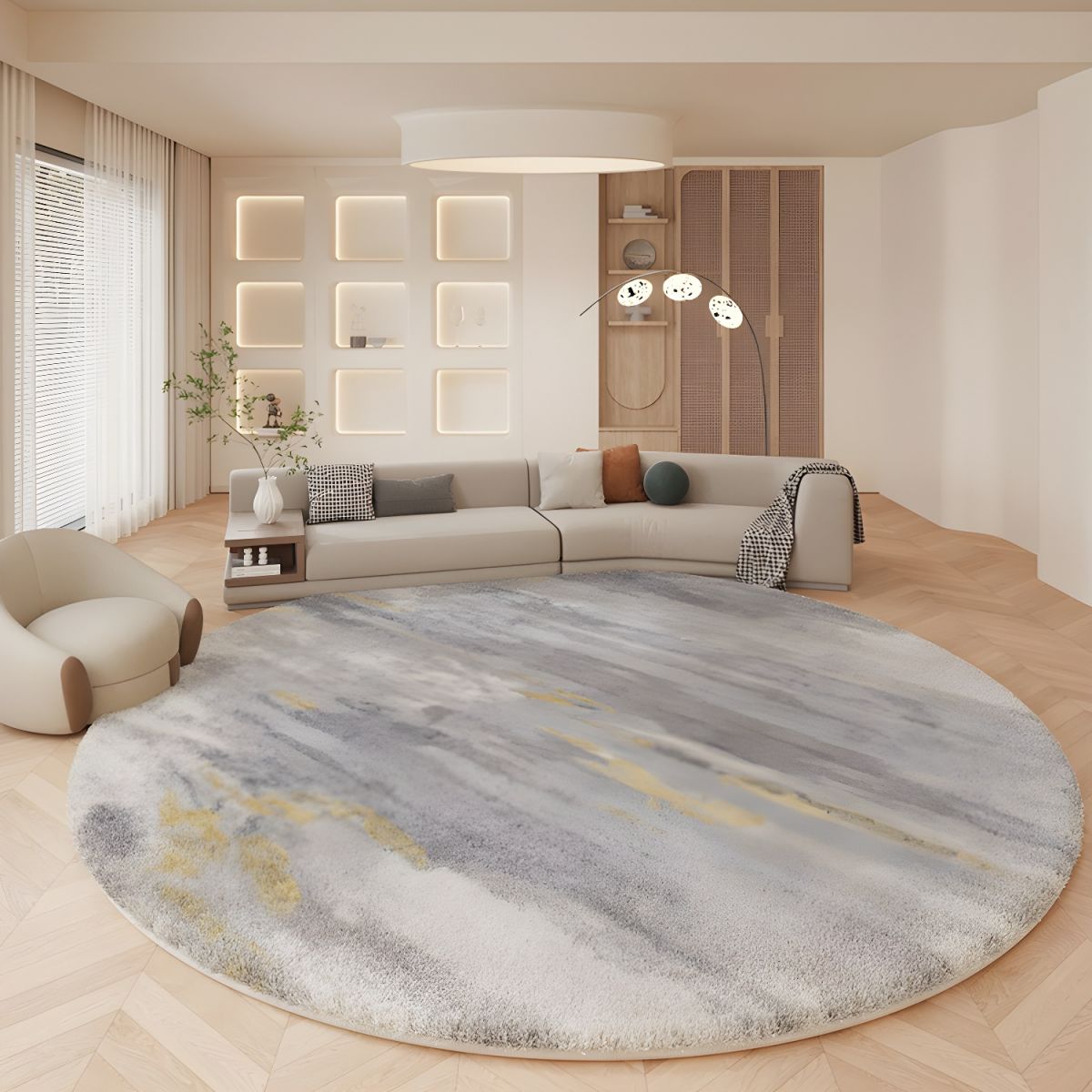 Nordic Grey Abstract Round Lambswool Rug