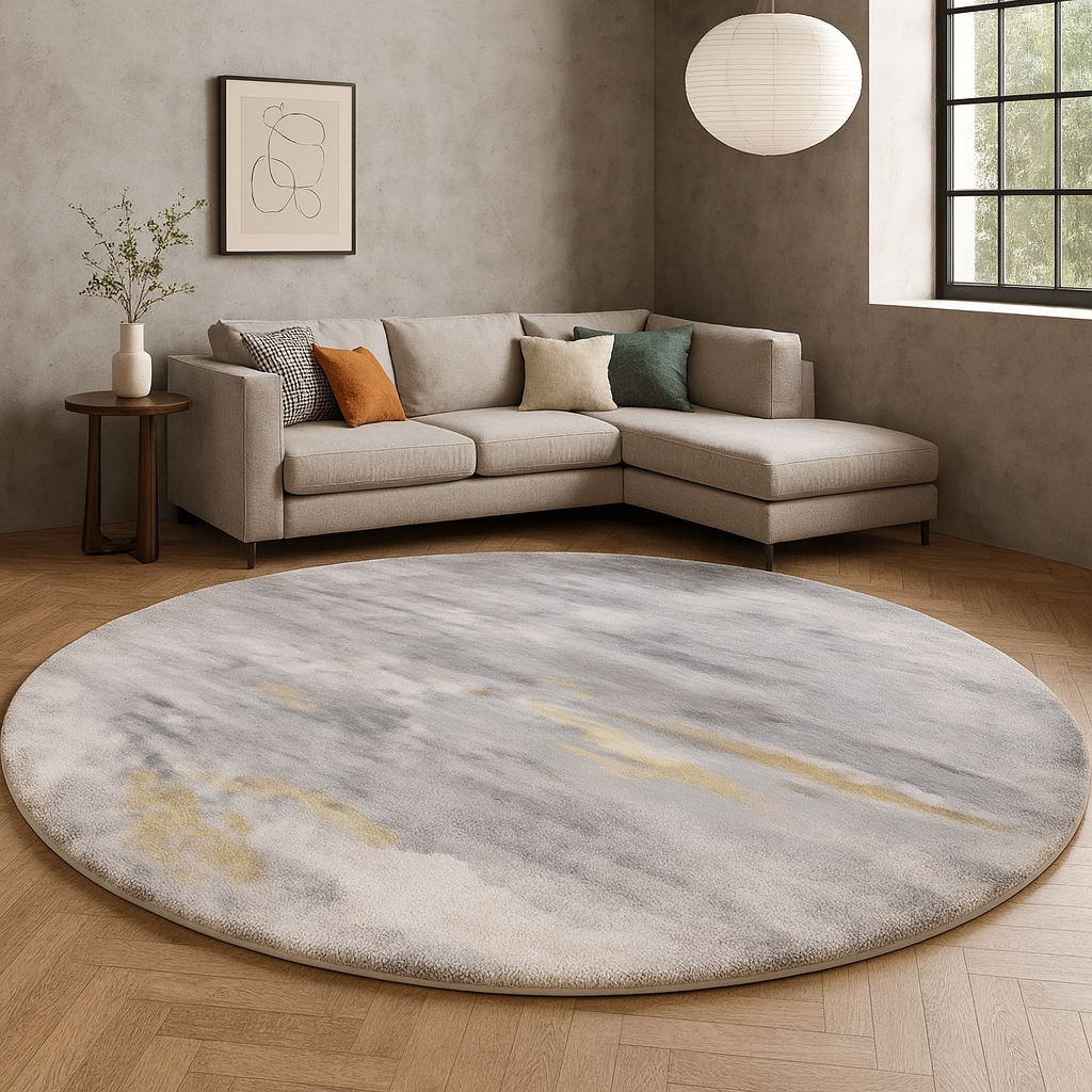 Nordic Grey Abstract Round Lambswool Rug
