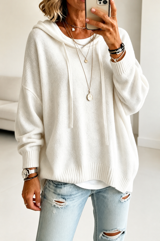 Oversized Drawstring Hooded Knit Sweater