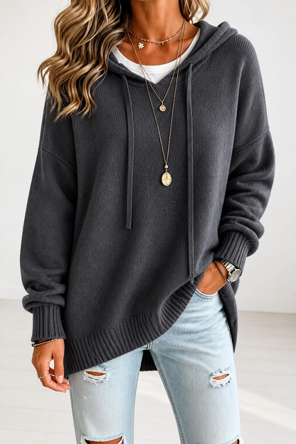 Oversized Drawstring Hooded Knit Sweater