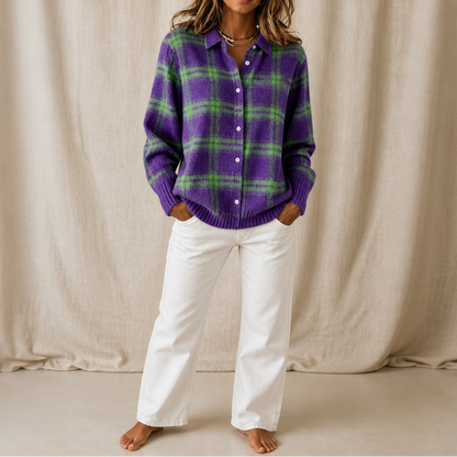 Plaid Knit Shirt-Collar Cardigan