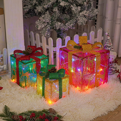 Pre-Lit Christmas Gift Boxes Outdoor Decoration, Set of 3 with LED Lights