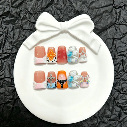 Press-On Nail Art Set with Decorative Accents and Unique Designs