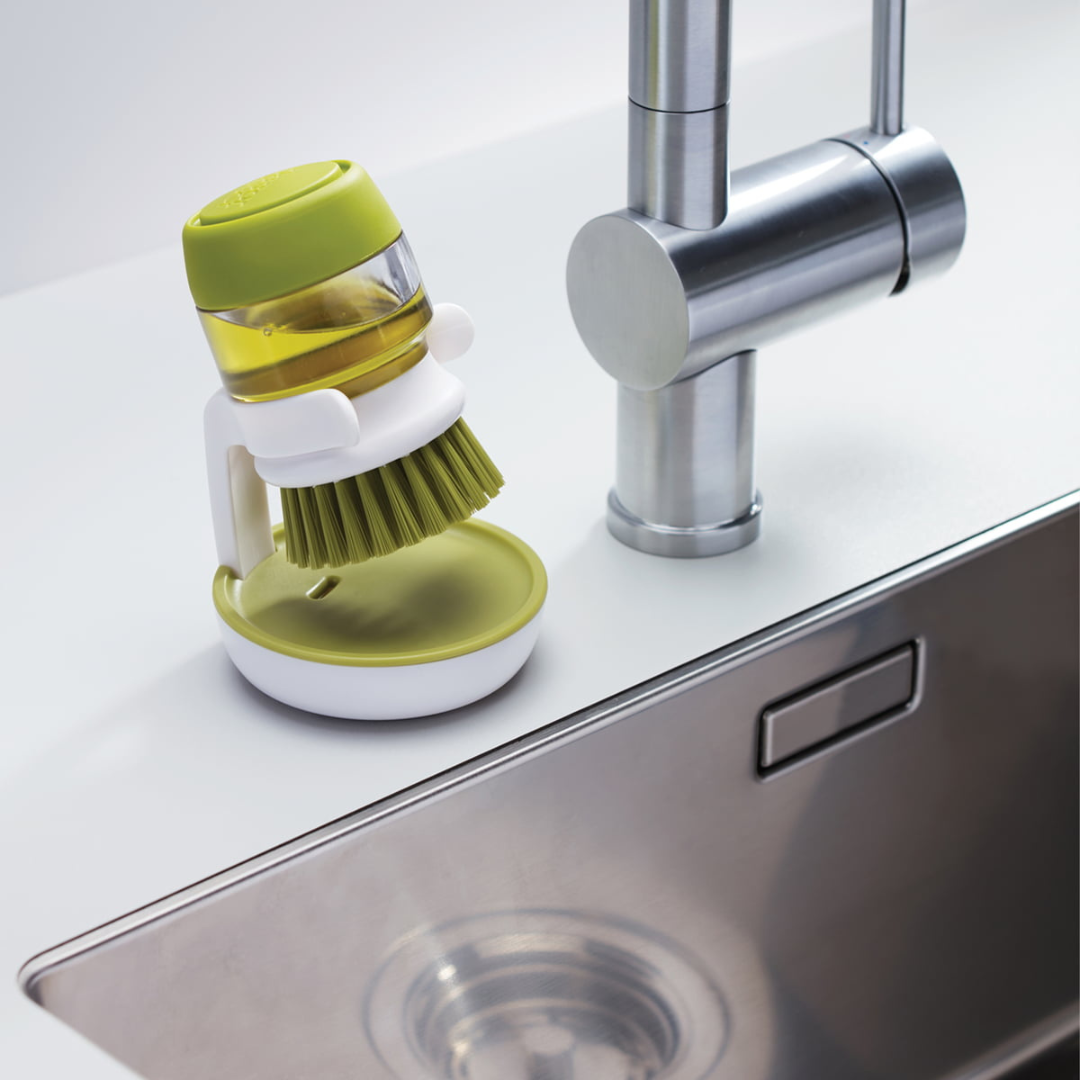Refillable Soap-Dispensing Dish Brush with Non-Scratch Bristles and Draining Stand