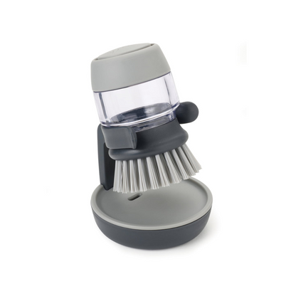 Refillable Soap-Dispensing Dish Brush with Non-Scratch Bristles and Draining Stand