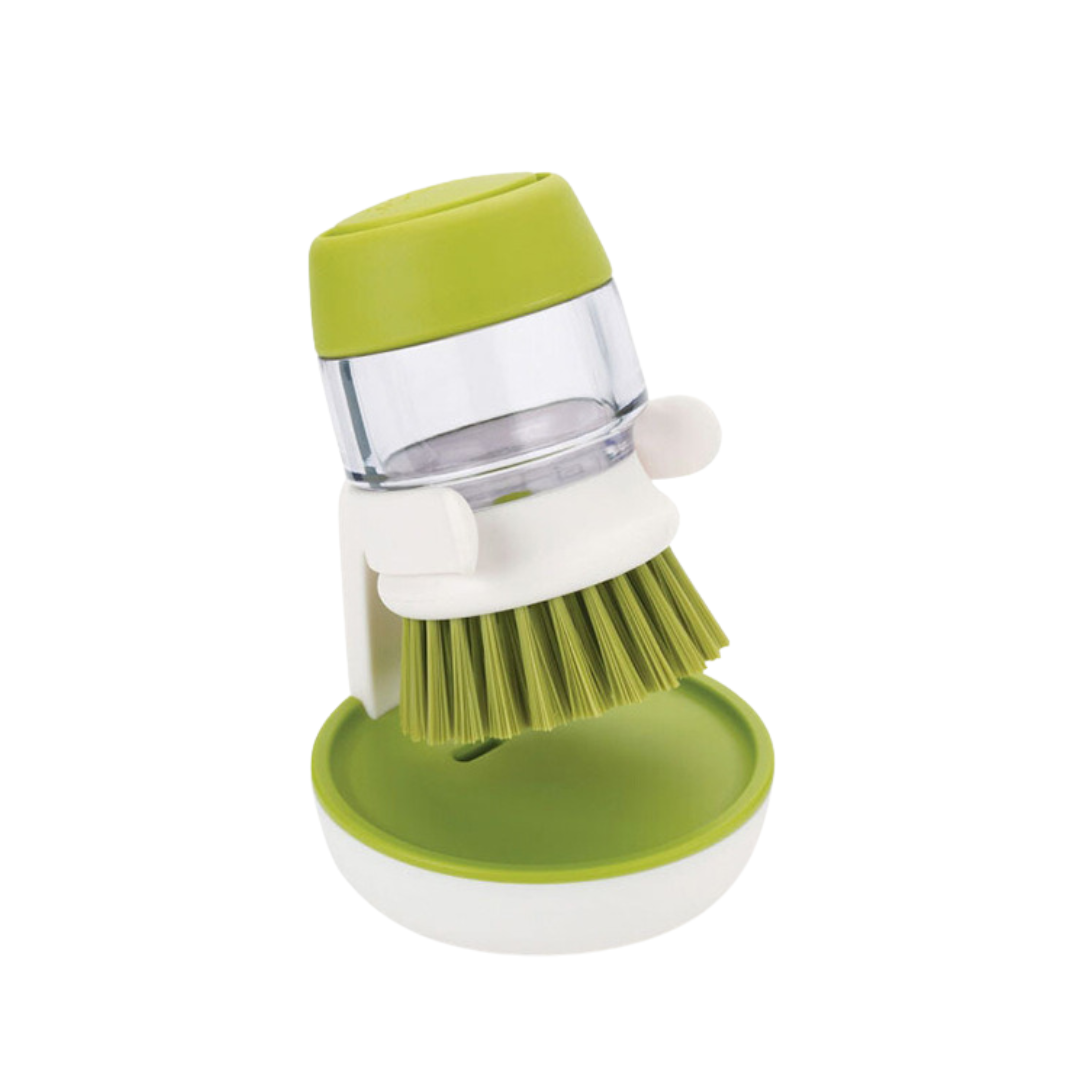 Refillable Soap-Dispensing Dish Brush with Non-Scratch Bristles and Draining Stand