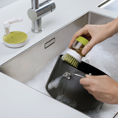 Refillable Soap-Dispensing Dish Brush with Non-Scratch Bristles and Draining Stand